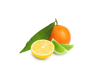 Ripe juicy lemon, lime and tangerine on white background