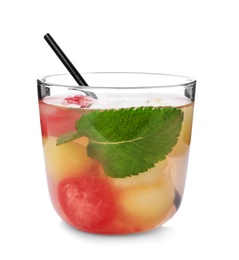 Glass with watermelon and melon ball drink on white background