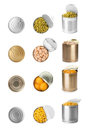 Set of different canned food on white background