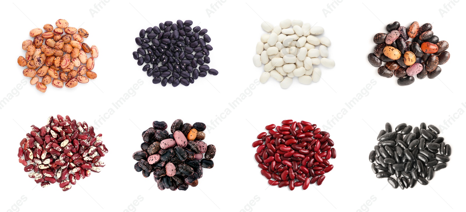 Image of Different raw kidney beans isolated on white, top view