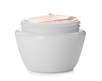 Photo of Jar with hand cream on white background