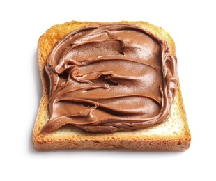 Toast bread with tasty chocolate spread on white background