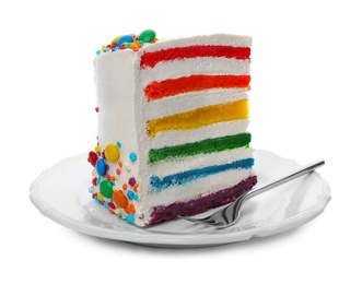 Photo of Plate with slice of delicious rainbow cake on white background