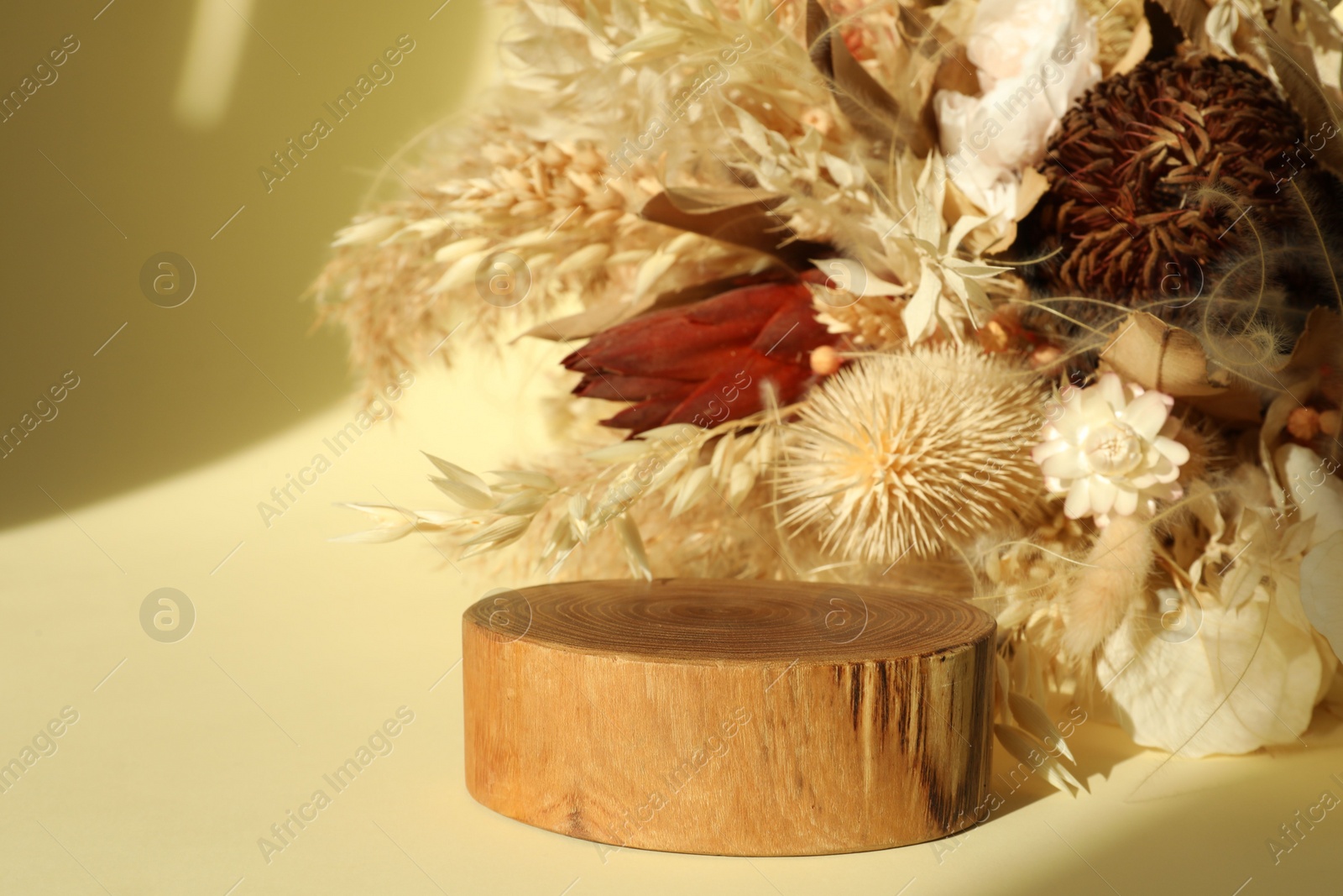 Photo of Presentation of product. Wooden podium and dry flowers on yellow background. Space for text