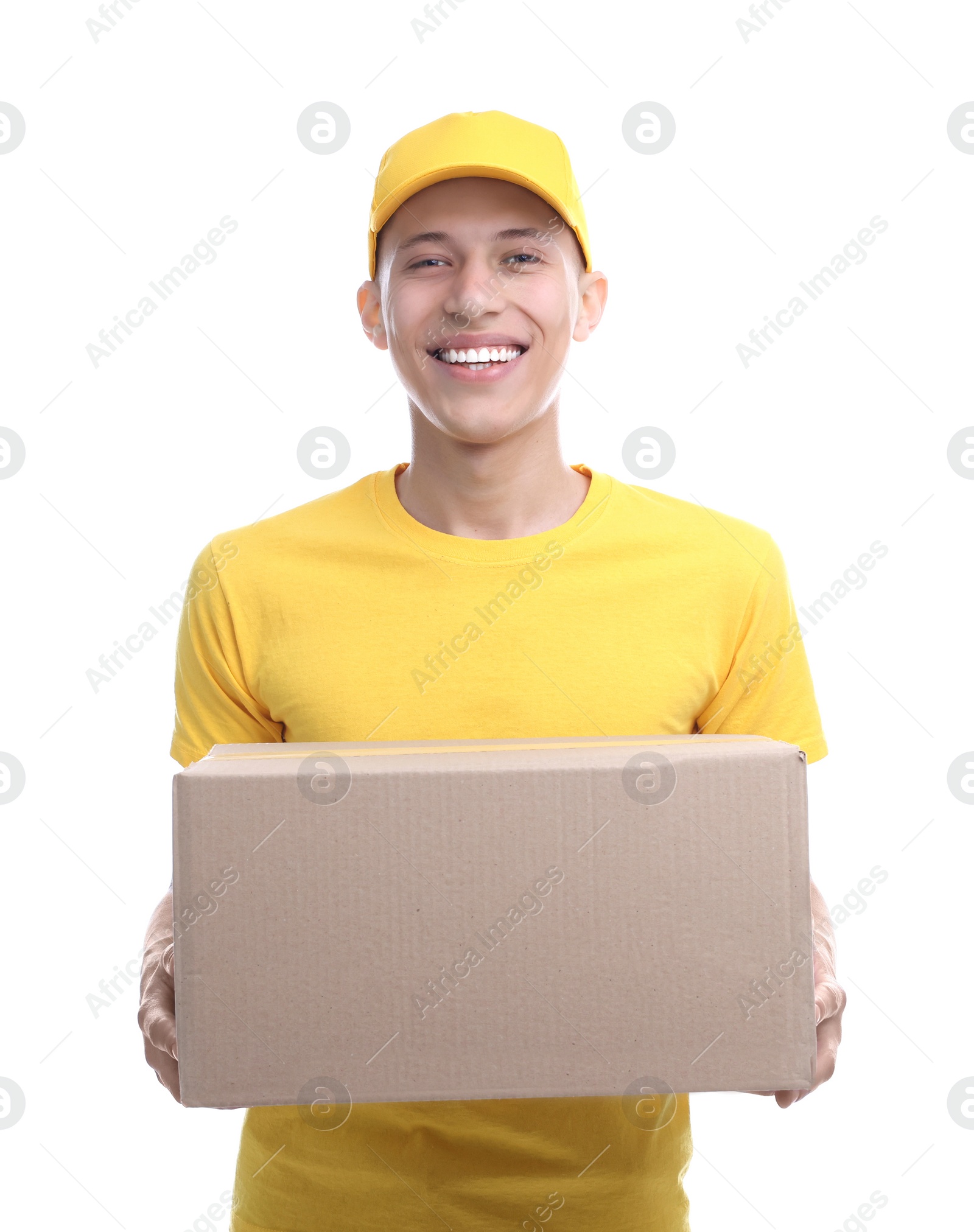 Photo of Happy courier with parcel on white background