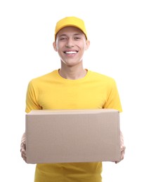 Photo of Happy courier with parcel on white background