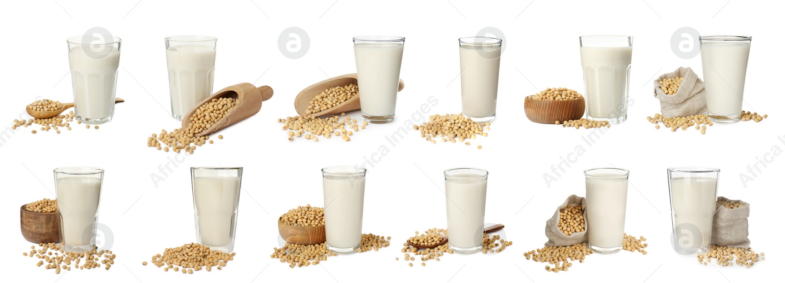 Image of Set with natural soy milk and beans on white background. Banner design