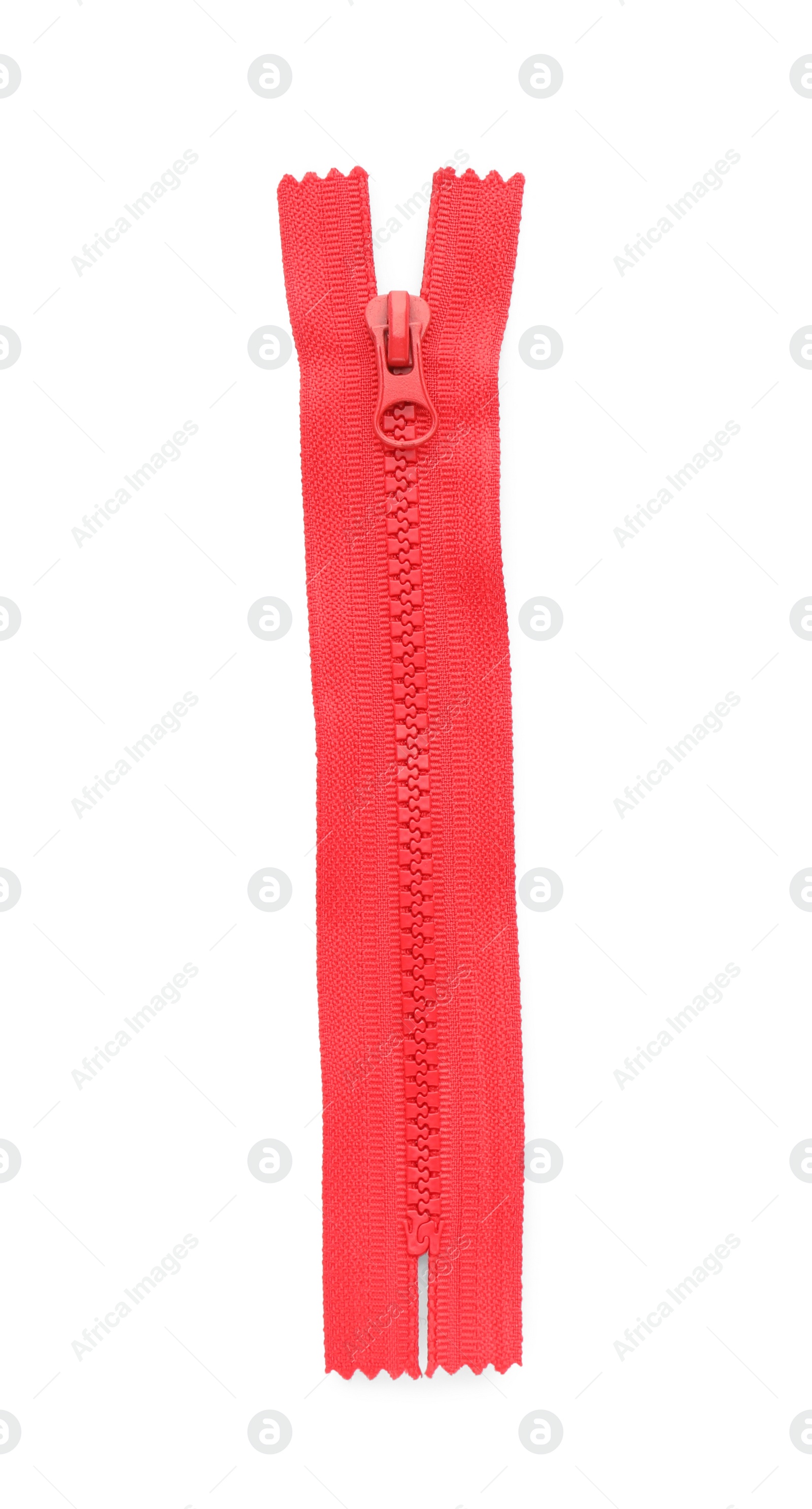 Photo of Red zipper isolated on white, top view