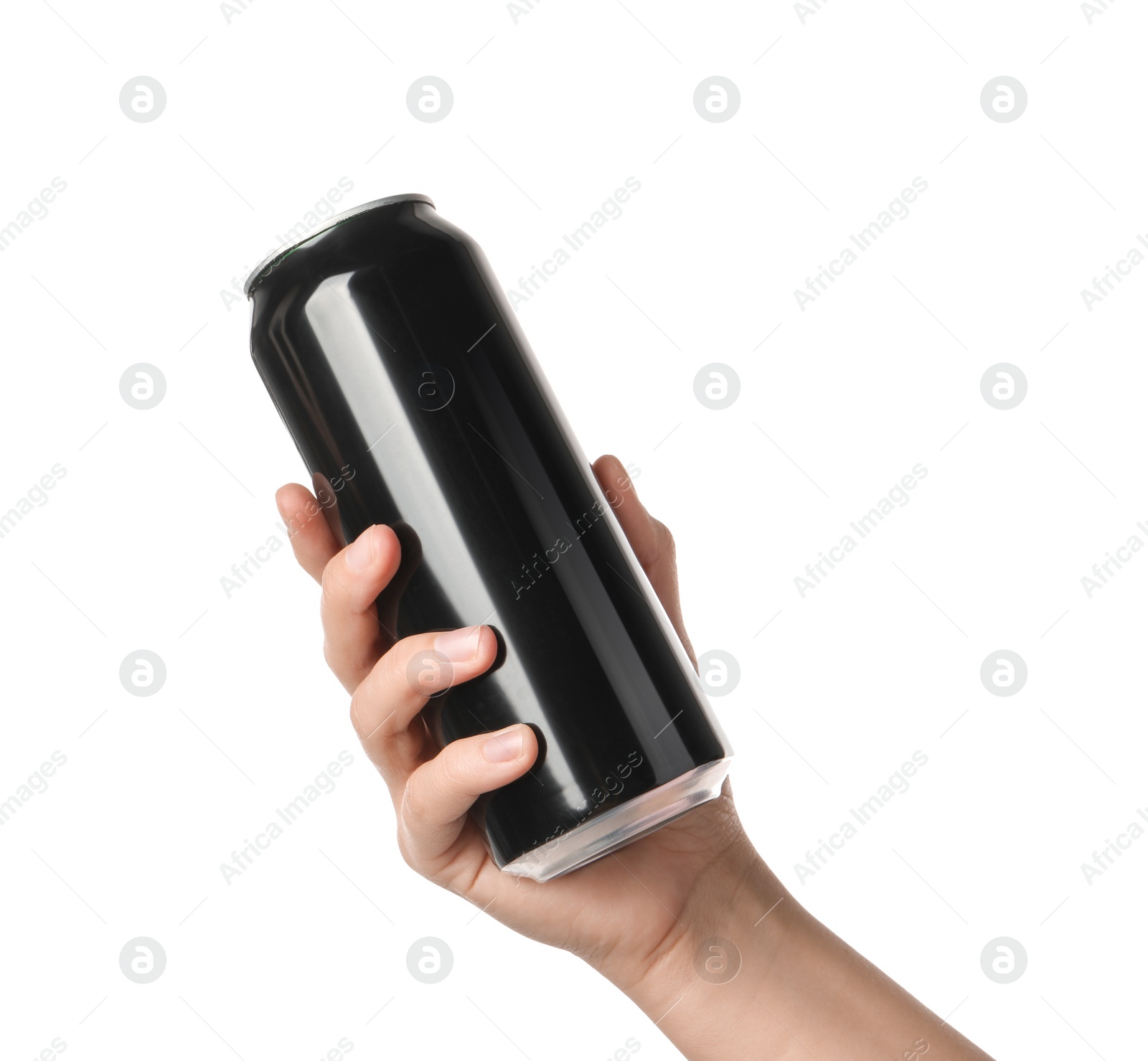 Photo of Woman holding black aluminum can on white background, closeup