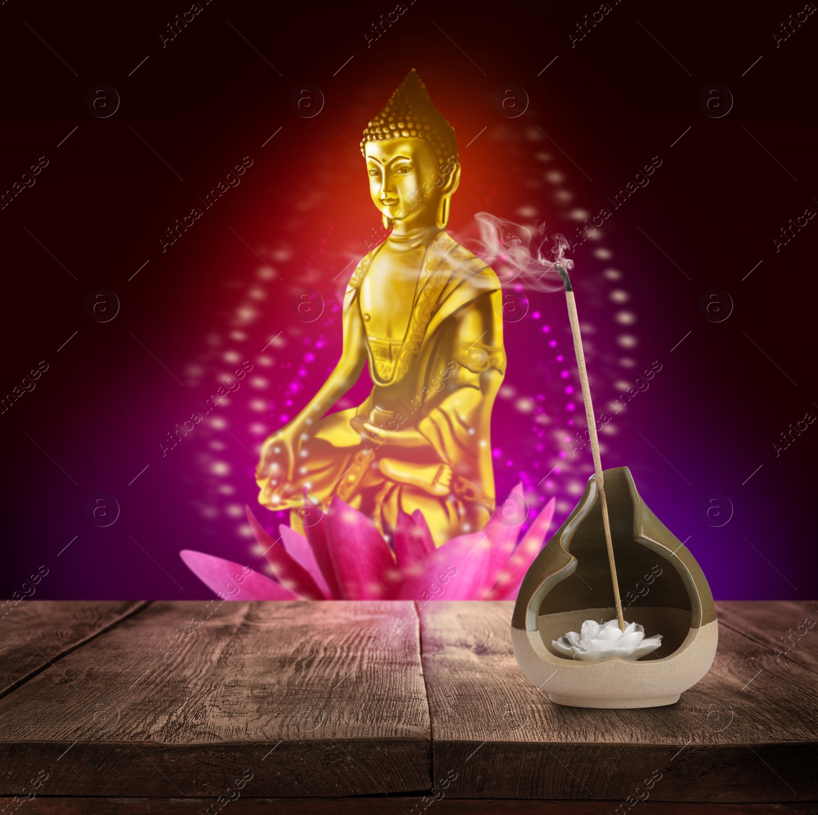 Image of Smoldering incense stick on wooden table and Buddha figure on background. Space for text 