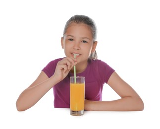 Photo of Cute happy girl with glass of juice and straw isolated on white