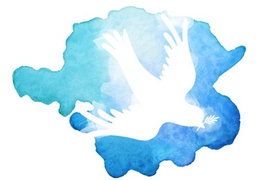 Illustration of Silhouette of dove drawn with watercolor paint on white background