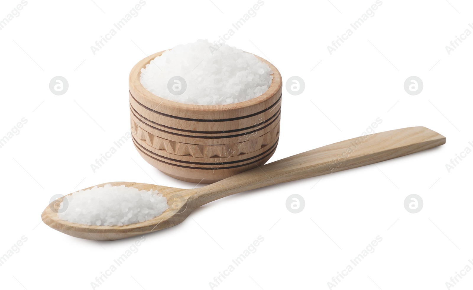 Photo of Natural salt in wooden spoon and bowl isolated on white