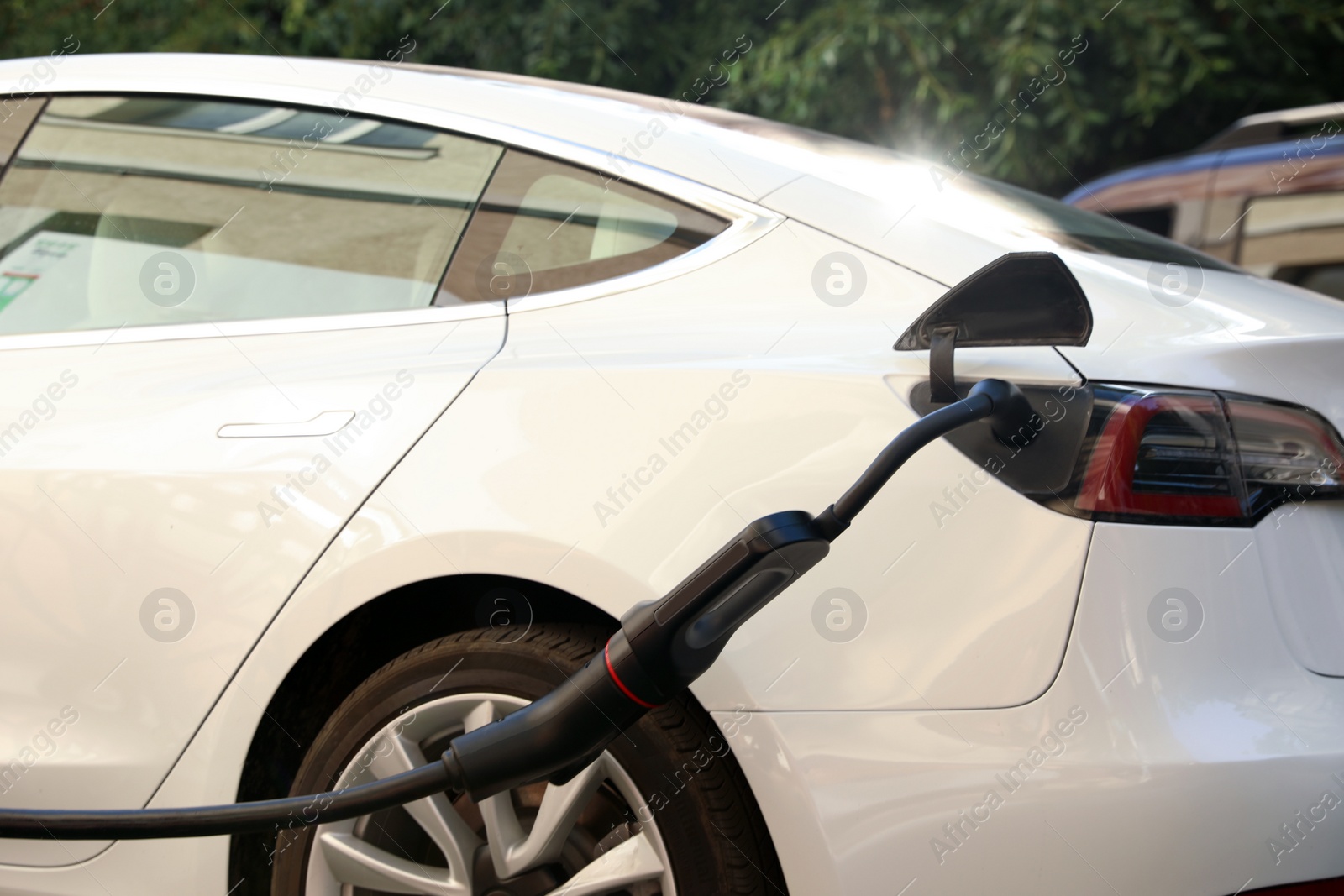 Photo of Charging modern electric car from station outdoors