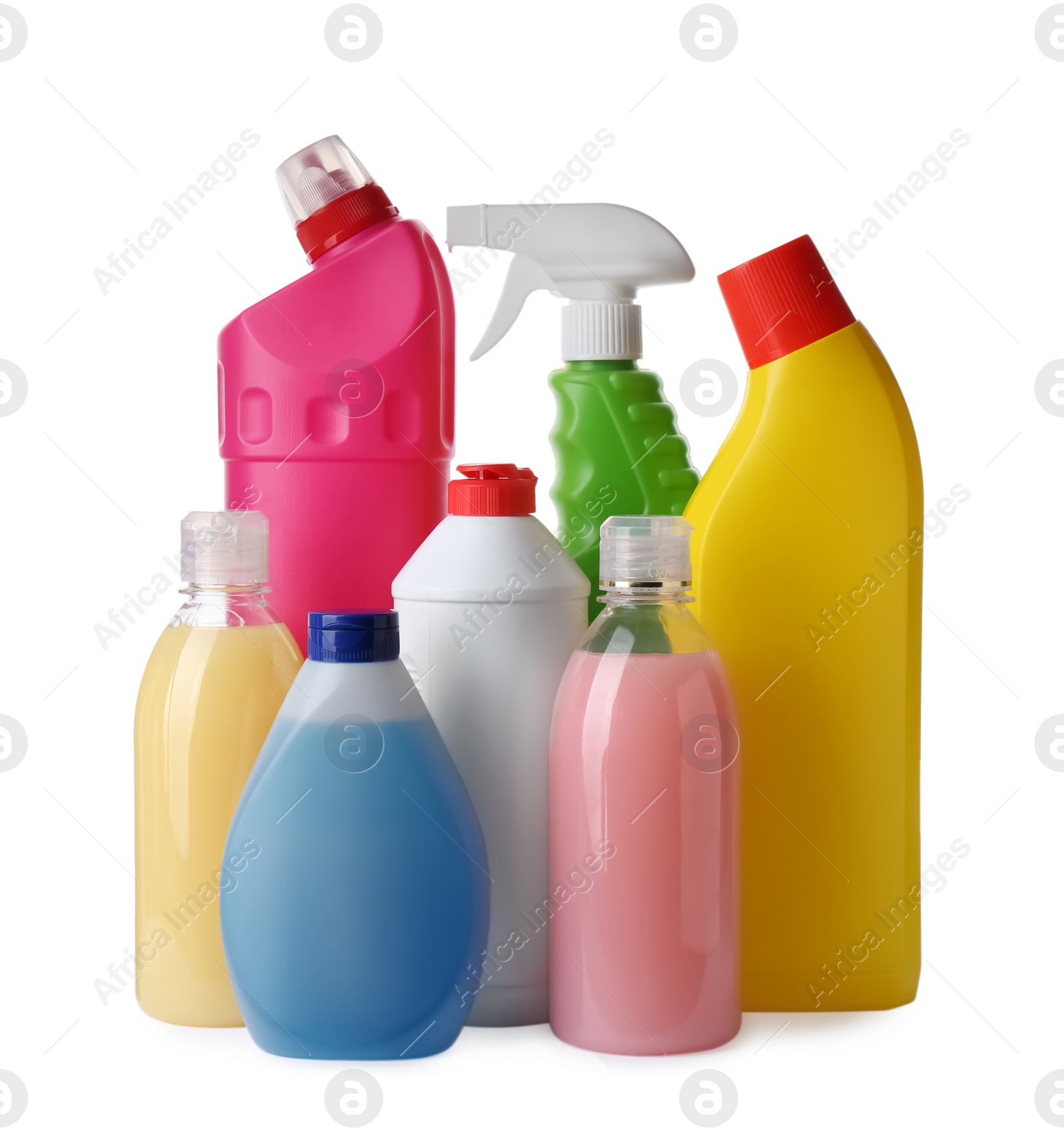 Photo of Bottles with different detergents on white background. Cleaning supplies