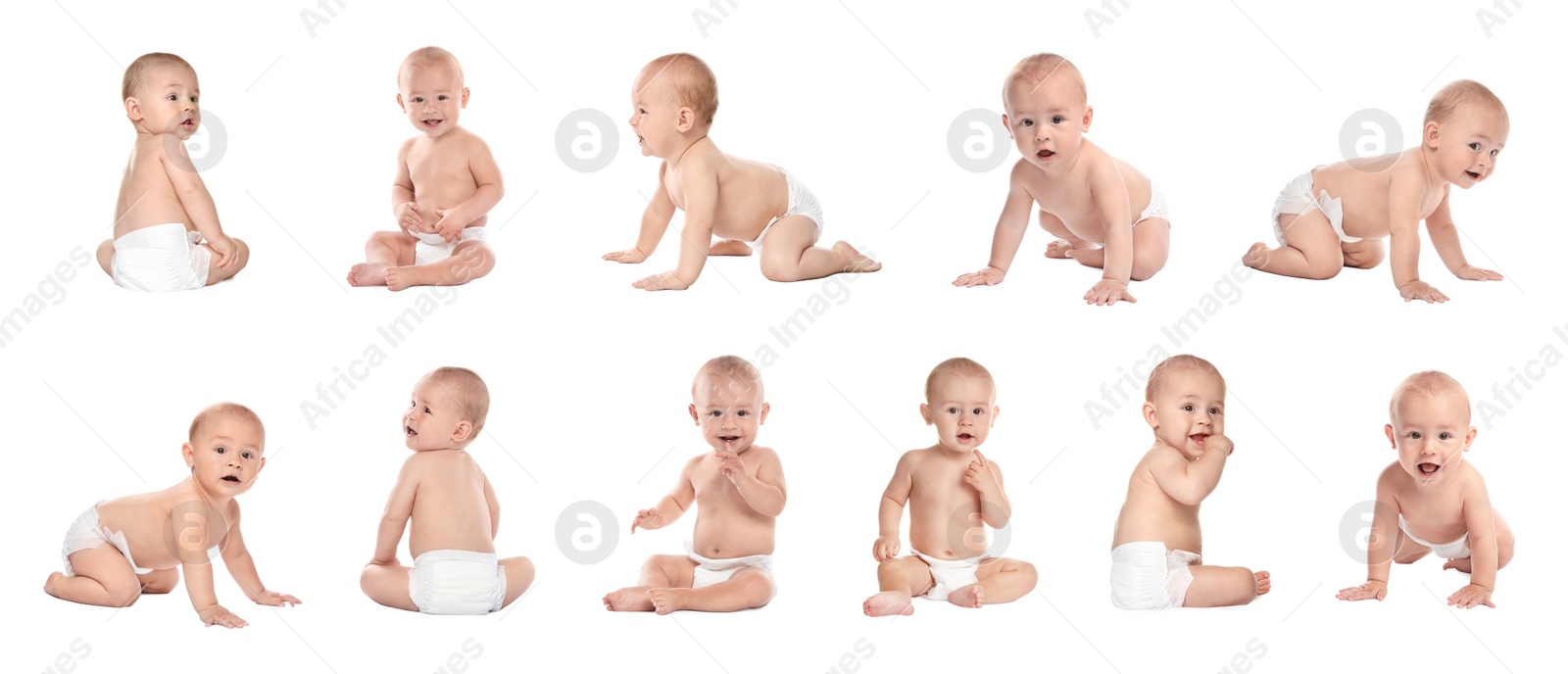 Image of Collage with photos of cute little baby in diaper on white background. Banner design