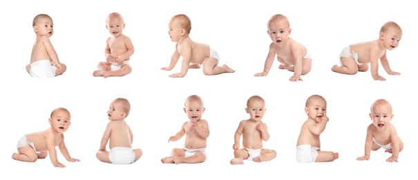 Collage with photos of cute little baby in diaper on white background. Banner design