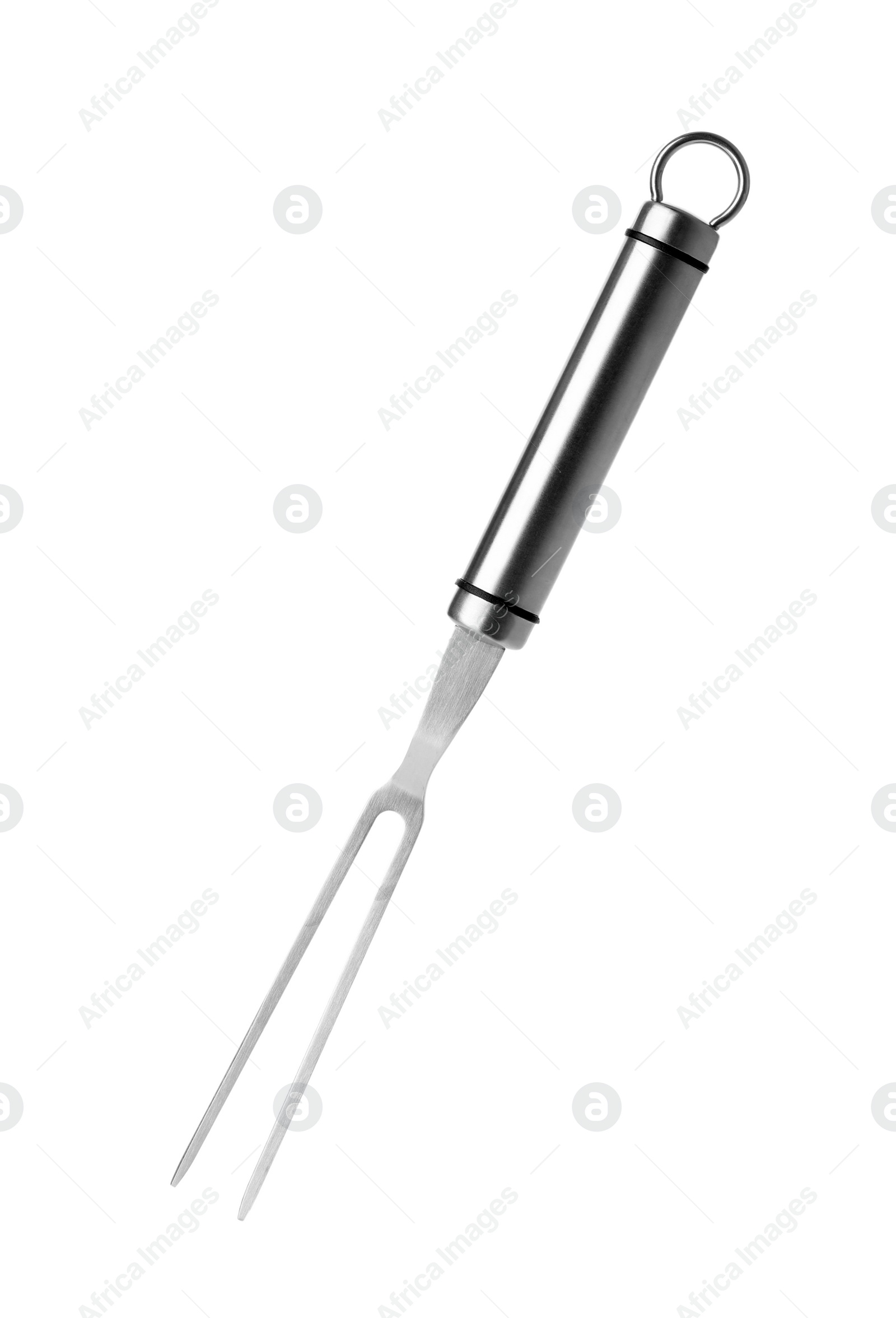 Photo of Stainless steel meat fork on white background. Kitchen utensils
