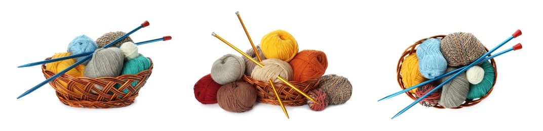Image of Collage with many different yarns and knitting needles on white background