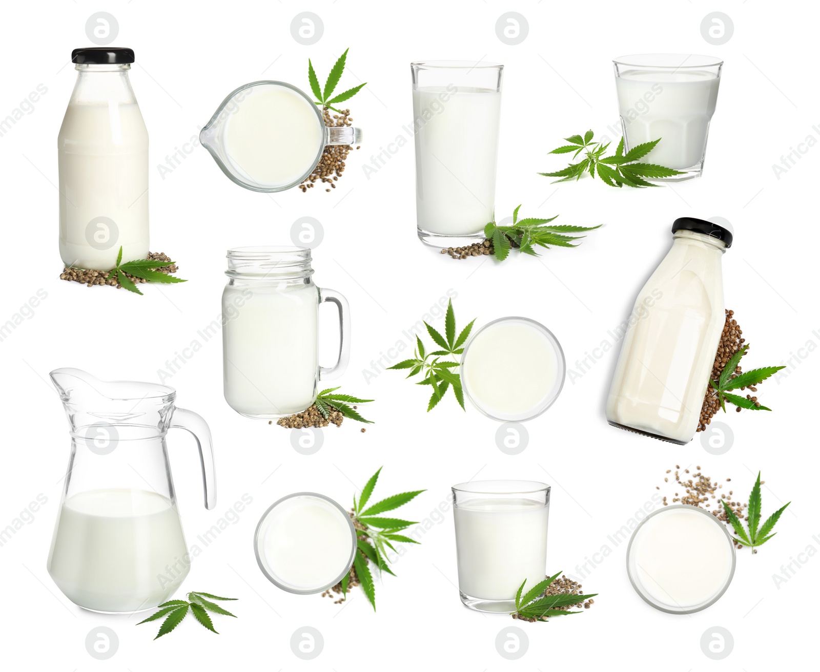 Image of Different glassware with hemp milk on white background, collage