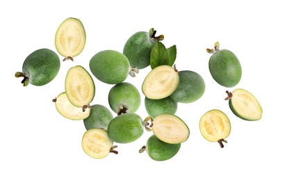 Image of Fresh feijoa fruits and leaves falling on white background