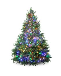Photo of Beautiful Christmas tree with festive lights isolated on white