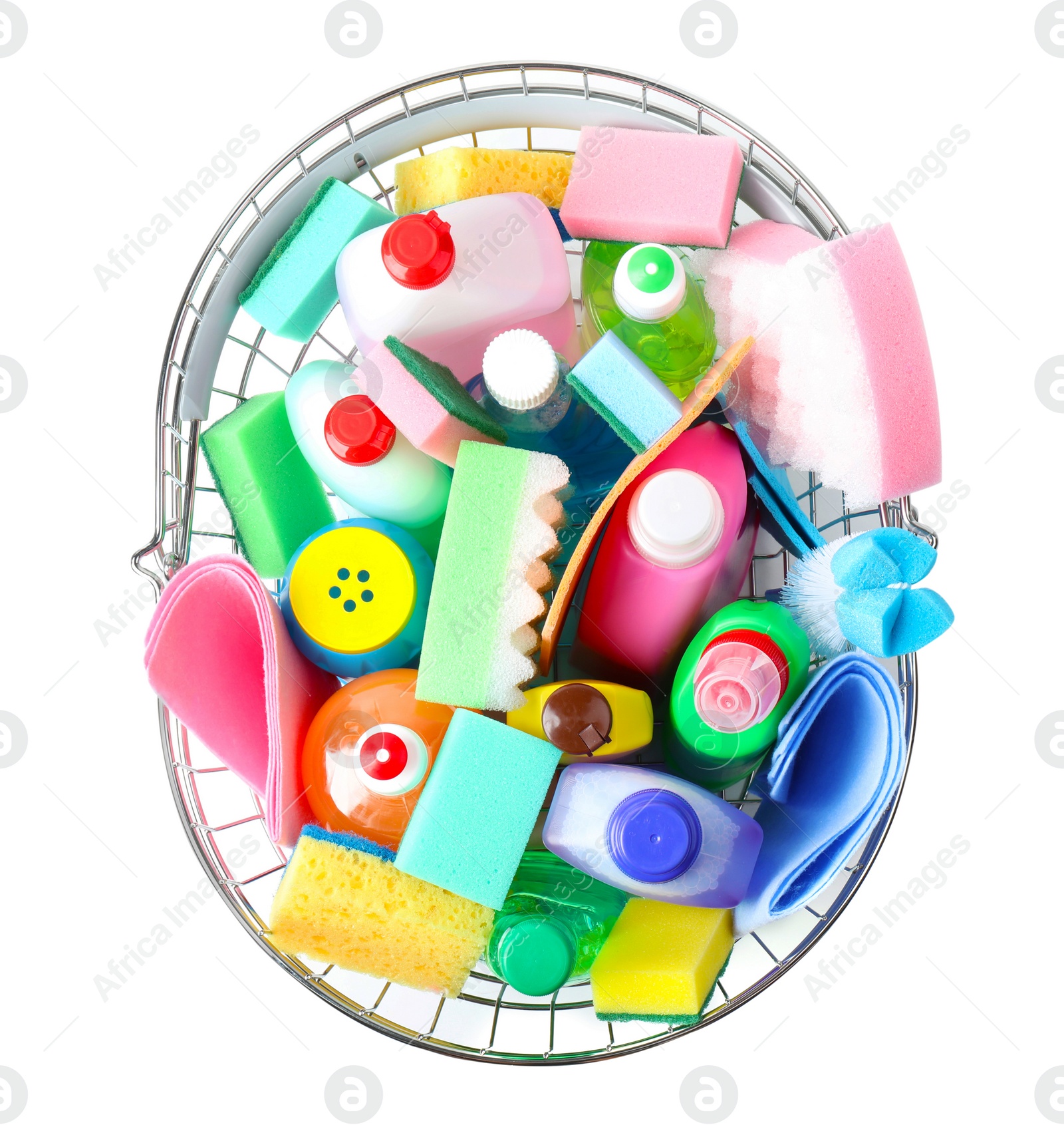 Photo of Shopping basket with different detergents on white background, top view