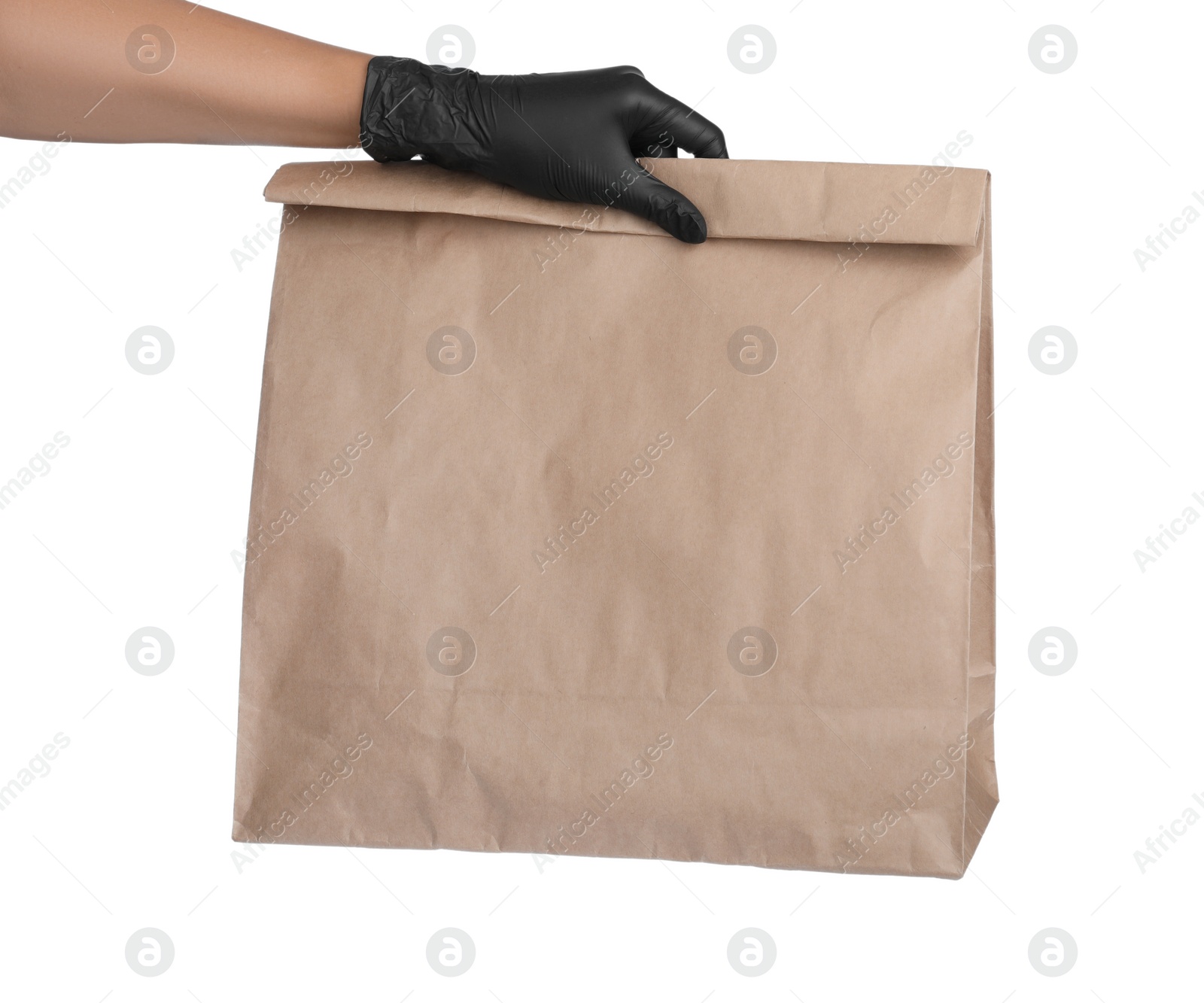 Photo of Woman holding paper bag on white background, closeup