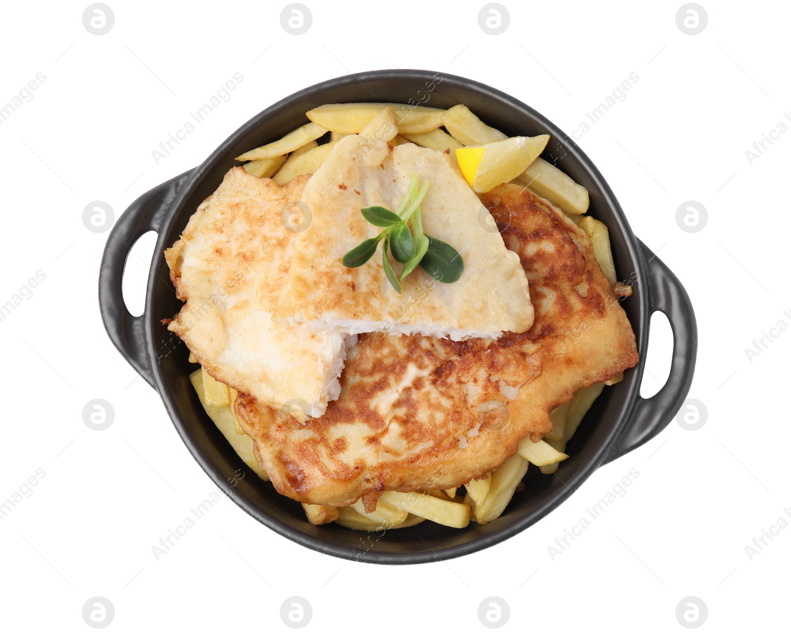 Photo of Tasty fish in soda water batter, potato chips and lemon slice isolated on white, top view