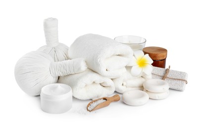 Photo of Beautiful composition with different spa products on white background