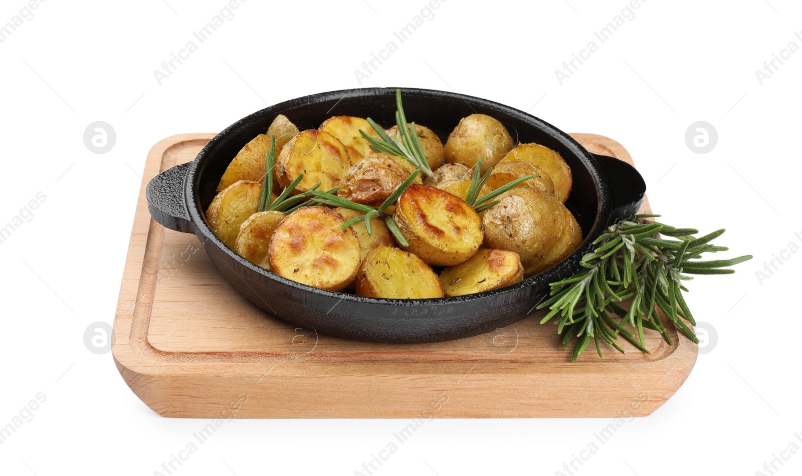 Photo of Delicious baked potatoes with rosemary isolated on white