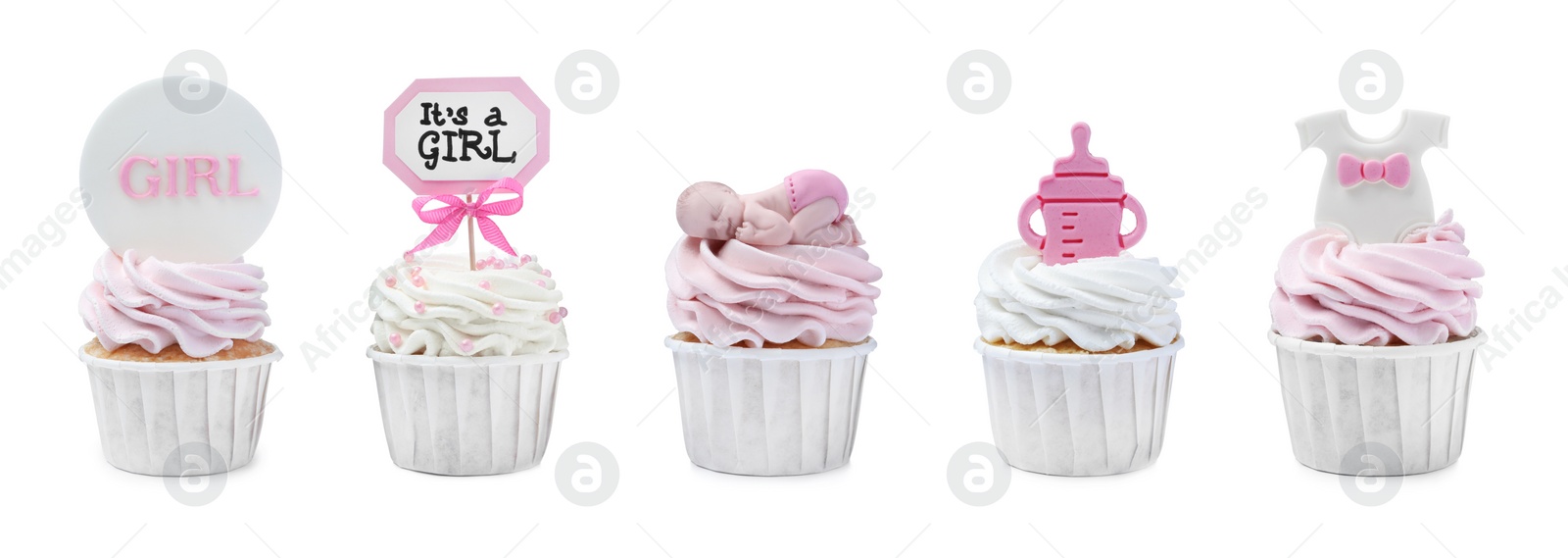 Image of Beautifully decorated baby shower cupcakes for girl on white background, collage. Banner design