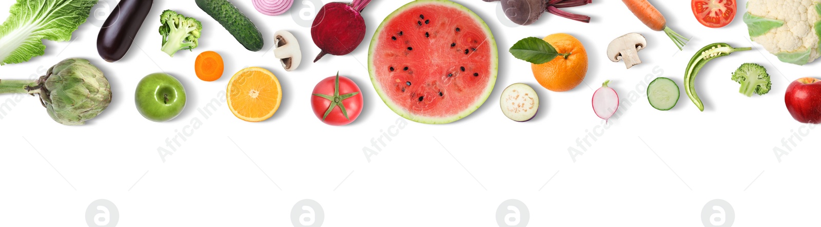 Image of Collage with many vegetables and fruits on white background, top view