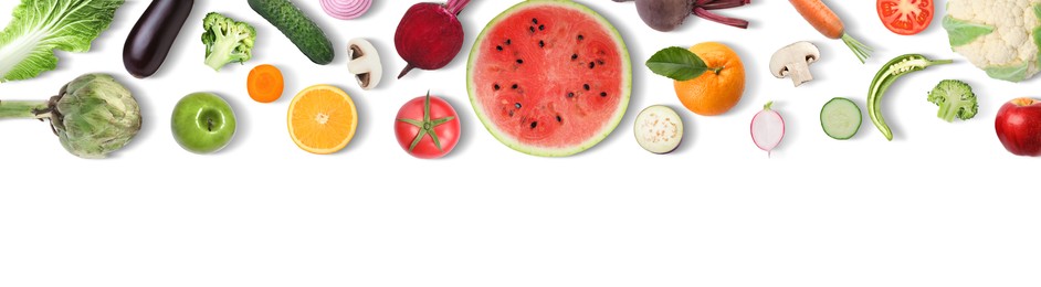 Image of Collage with many vegetables and fruits on white background, top view