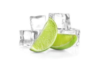 Photo of Slices of fresh ripe lime and ice cubes on white background