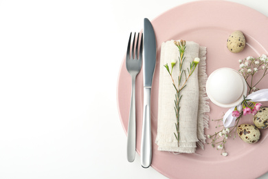 Photo of Festive Easter table setting with beautiful floral decor, top view. Space for text