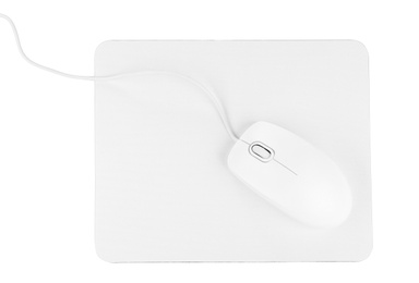 Modern wired optical mouse and pad isolated on white, top view