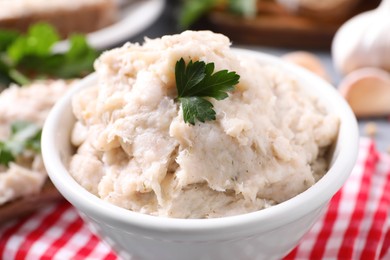 Lard spread in bowl on table, closeup