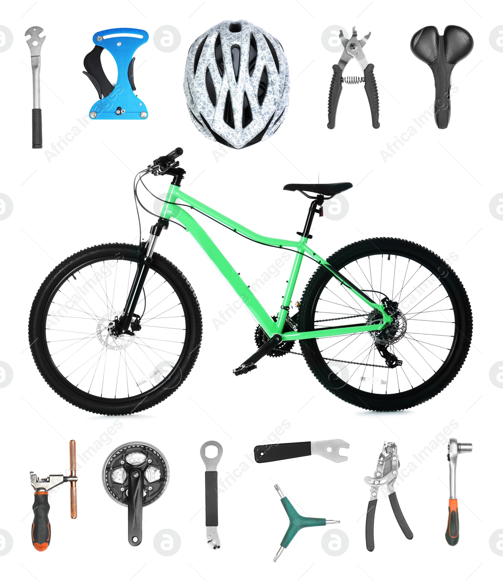 Image of Modern bicycle, its details and tools for repair on white background, collage