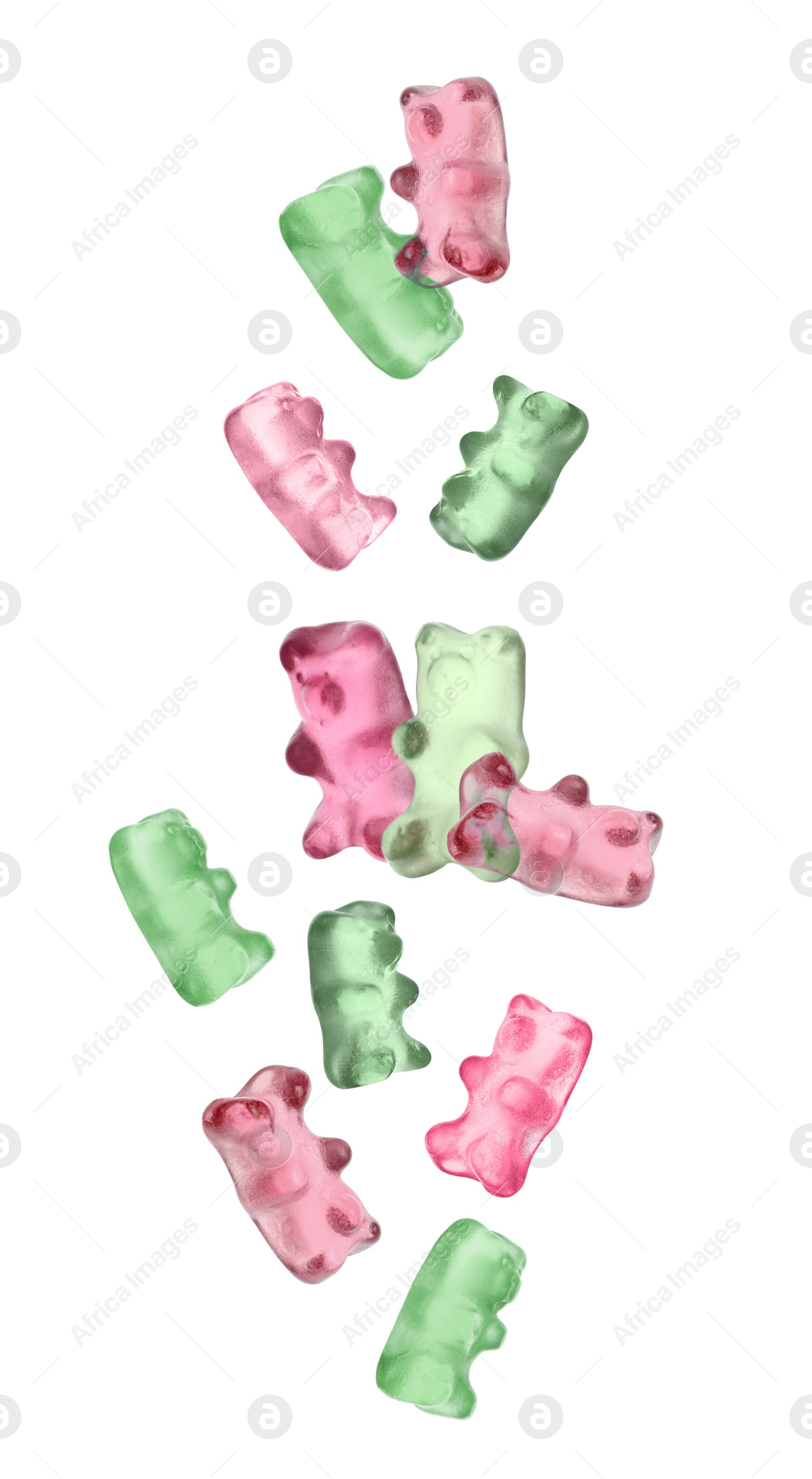 Image of Delicious jelly bears falling on white background