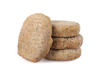 Photo of Raw vegan cutlets with breadcrumbs isolated on white