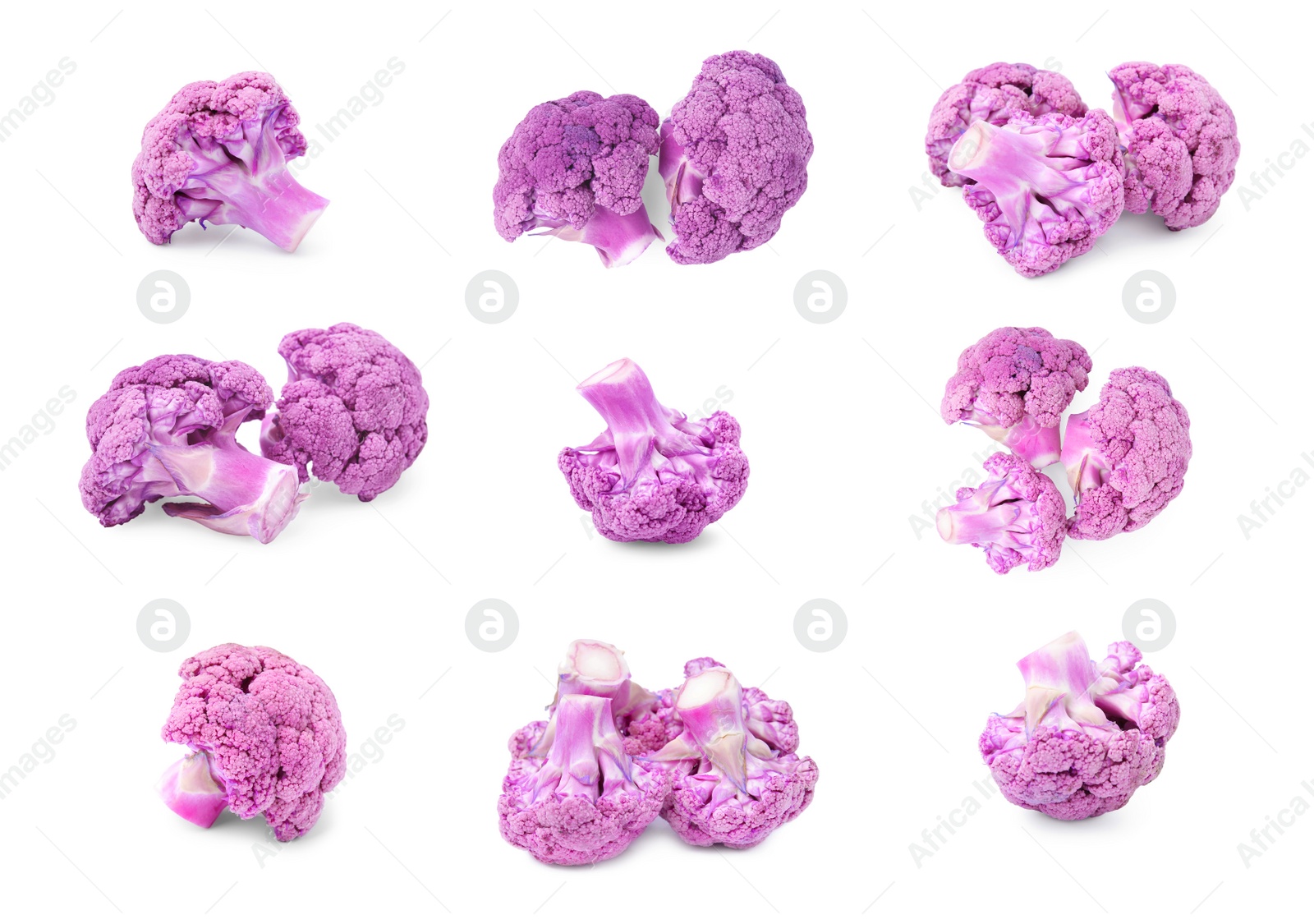 Image of Set with cut purple cauliflowers on white background