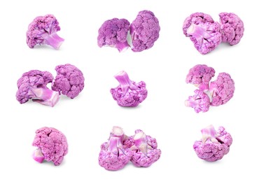 Image of Set with cut purple cauliflowers on white background