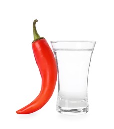 Red hot chili pepper and vodka in shot glass on white background