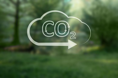 Image of Concept of clear air. CO2 inscription in illustration of cloud with arrow and beautiful park