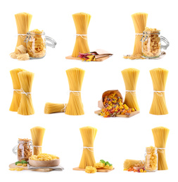 Image of Set with different types of pasta on white background