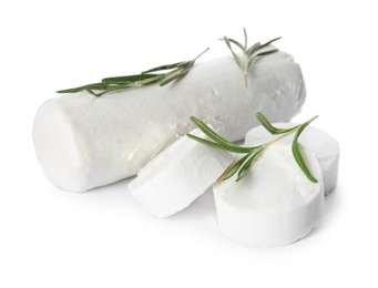 Photo of Delicious goat cheese with rosemary on white background