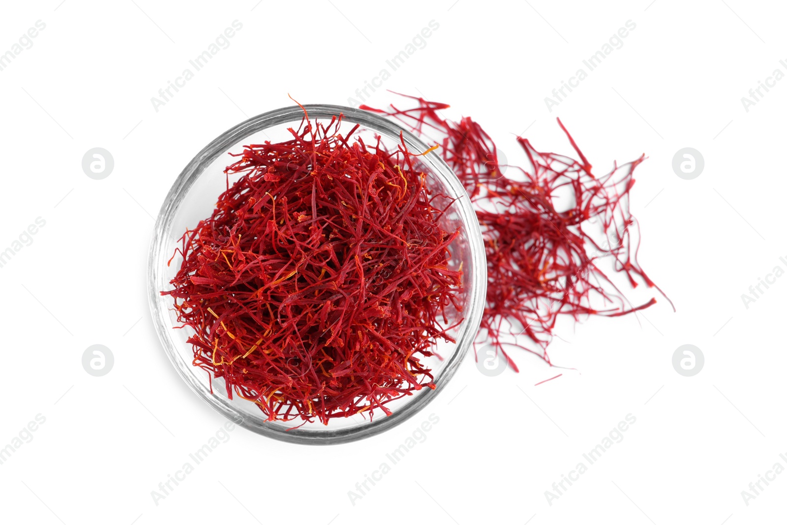 Photo of Dried saffron on white background, top view