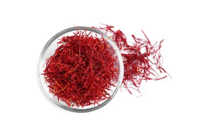 Photo of Dried saffron on white background, top view