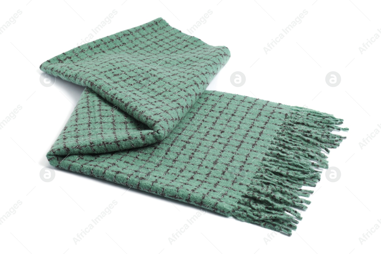 Photo of One beautiful green scarf on white background